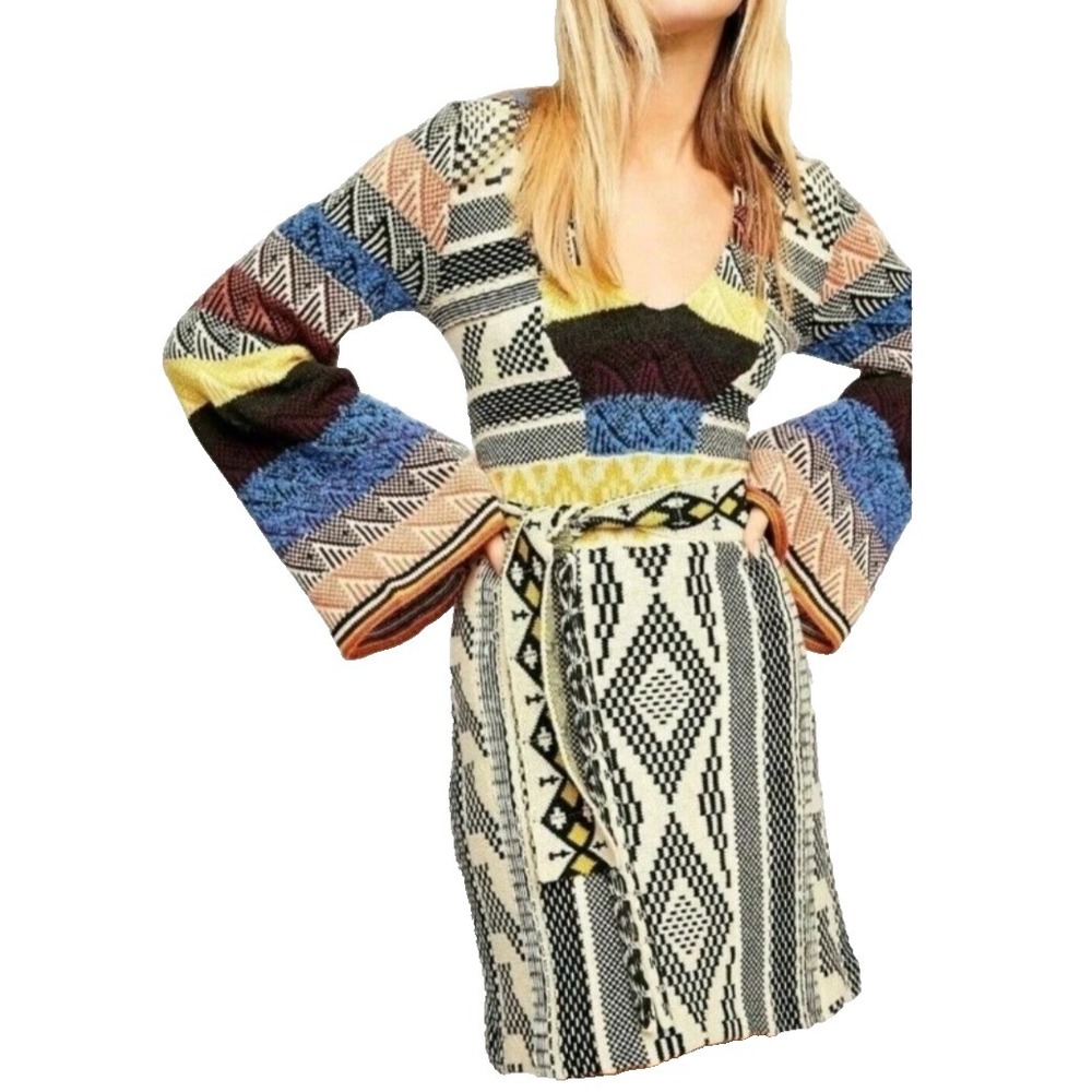 Free People Sweater Dress Sz Medium Patchwork Boho Hippie Bell Sleeve‎ - Picture 5 of 14